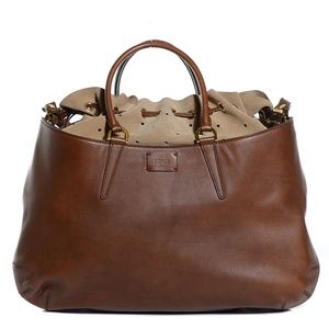FENDI Linen Calfskin B Fab Drawstring Tote Brown